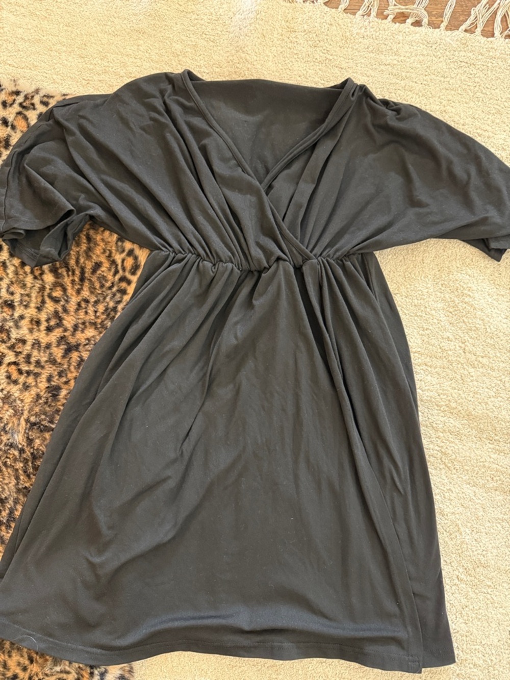 Black V-Neck Gathered-Waist Midi Dress